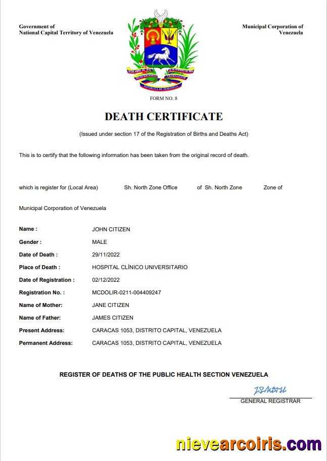 Venezuela vital record death certificate